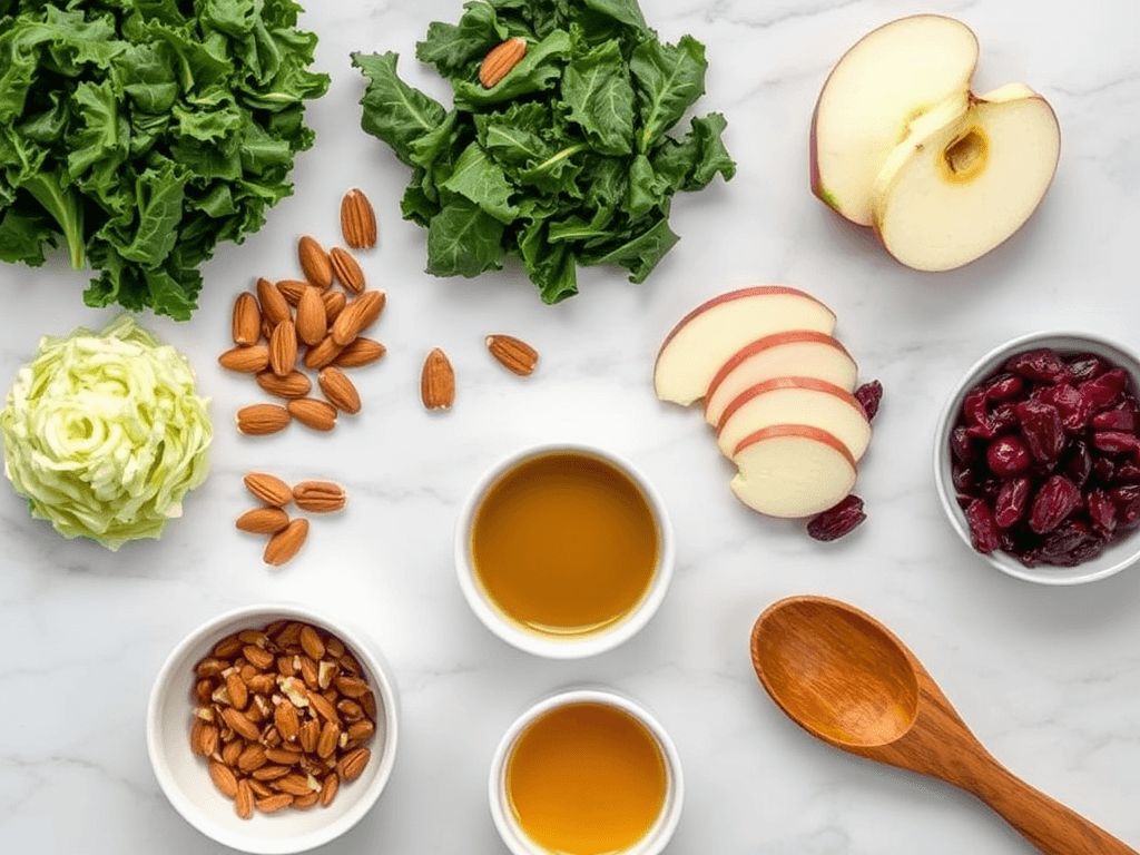 A realistic and well presented image of the chick fil a kale salad served on a suitable plate the salad features vibrant curly kale  green cabbage roasted dried cranberries and sliced apples beautifully ar 